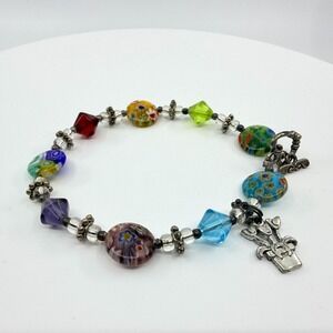 Vintage Murano Millefiori Glass Beaded Toggle Charm Bracelet‎ Rainbow Flower
